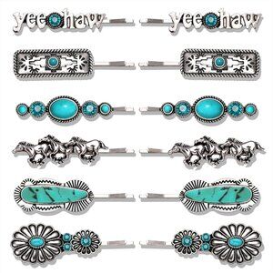 Turquoise Hair Clips 12 Pieces Total Cowgirl Hairpins Silver Tone with Turquoise
